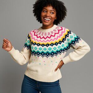 Crown & Ivy Women’s XXL Fair Isle Sweater Beige Pink Blue Coquette Preppy Rare